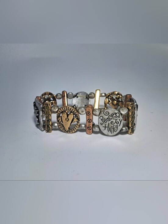 Jewelry - Mixed Metal 'Peace Joy Happy' Stretch Bracelet - Gold & Silver